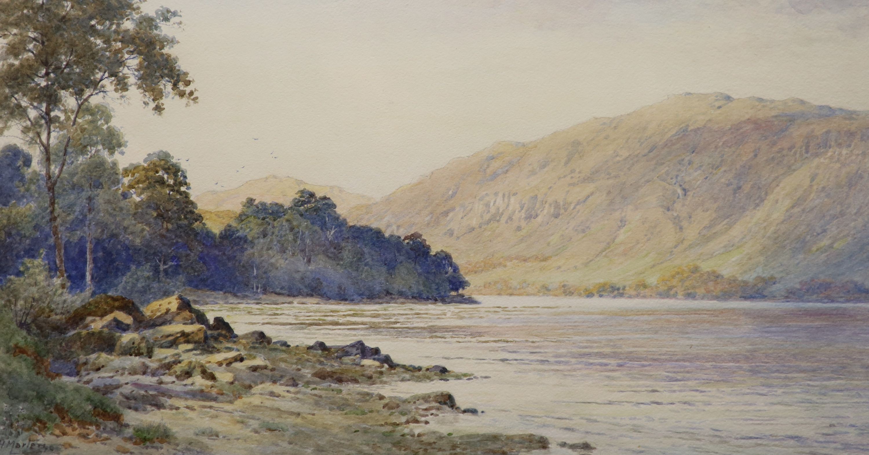 Elliot Henry Marten (fl.1886-1910), ‘Loch Lomond, near Inversnaid’, watercolour, signed, Aldridge Bros, Worthing label verso, 28 x 51cm.